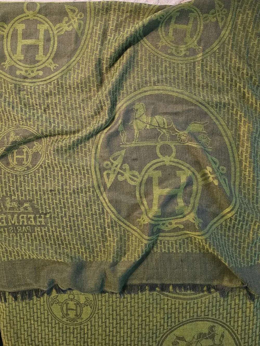 Olive Green Hermès Libris Cashmere & Silk Jacquard Scarf/Stole